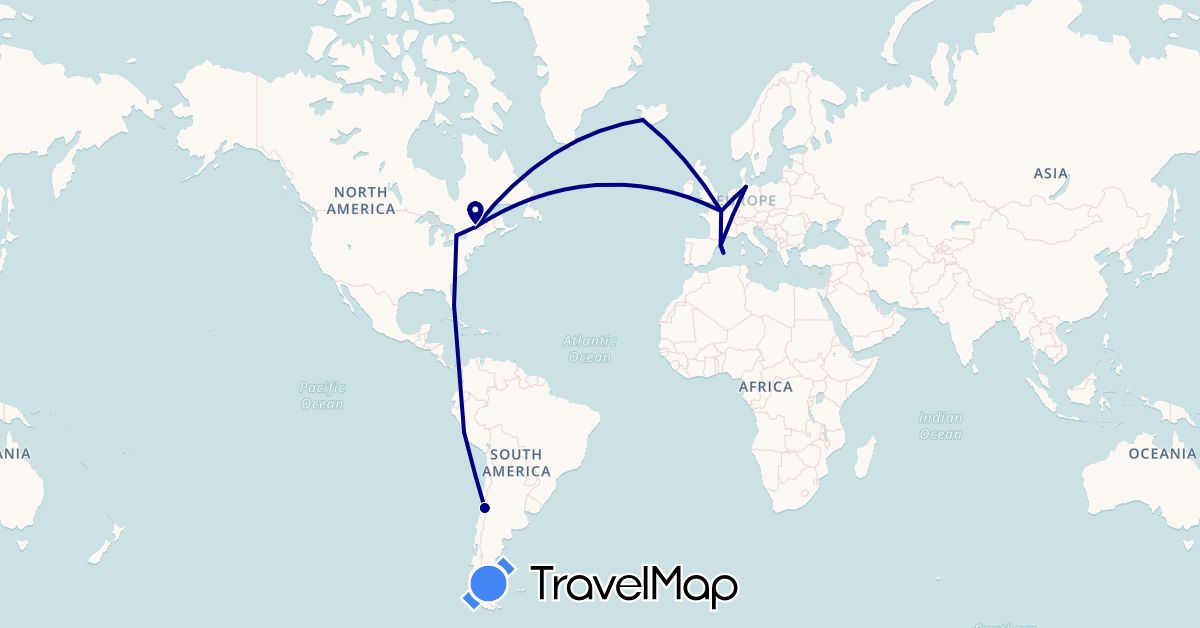 TravelMap itinerary: driving in Canada, Chile, Germany, Spain, France, Iceland, Peru, United States (Europe, North America, South America)